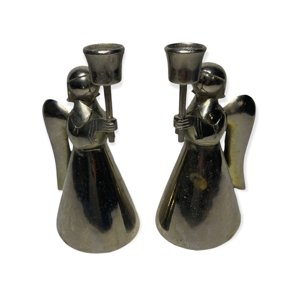Pair of VTG Heavy Silver Colored Angel Candle Holders Christmas Decor‎ 7.5" Tall